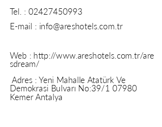 Ares Dream Hotel iletiim bilgileri